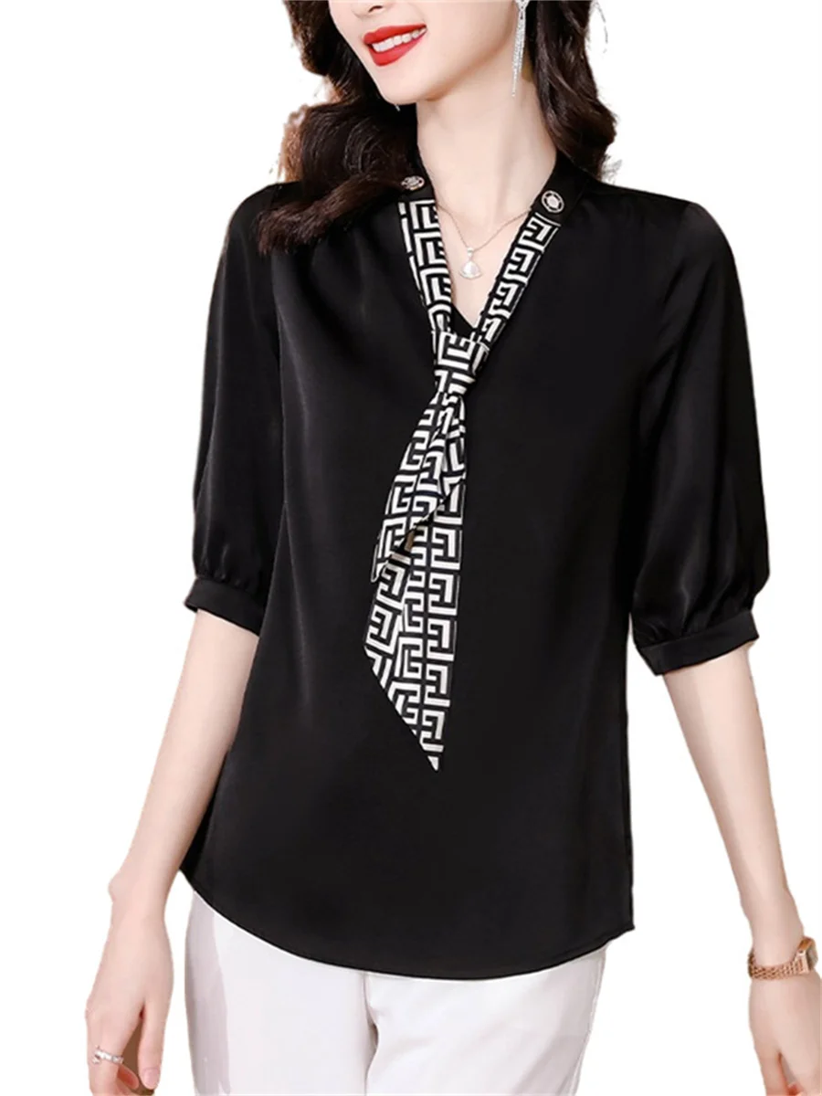 

4XL Women Spring Summer Blouses Shirts Lady Fashion Casual Half Sleeve Bow Tie Collar Minimalist Style Blusas Tops CT0372