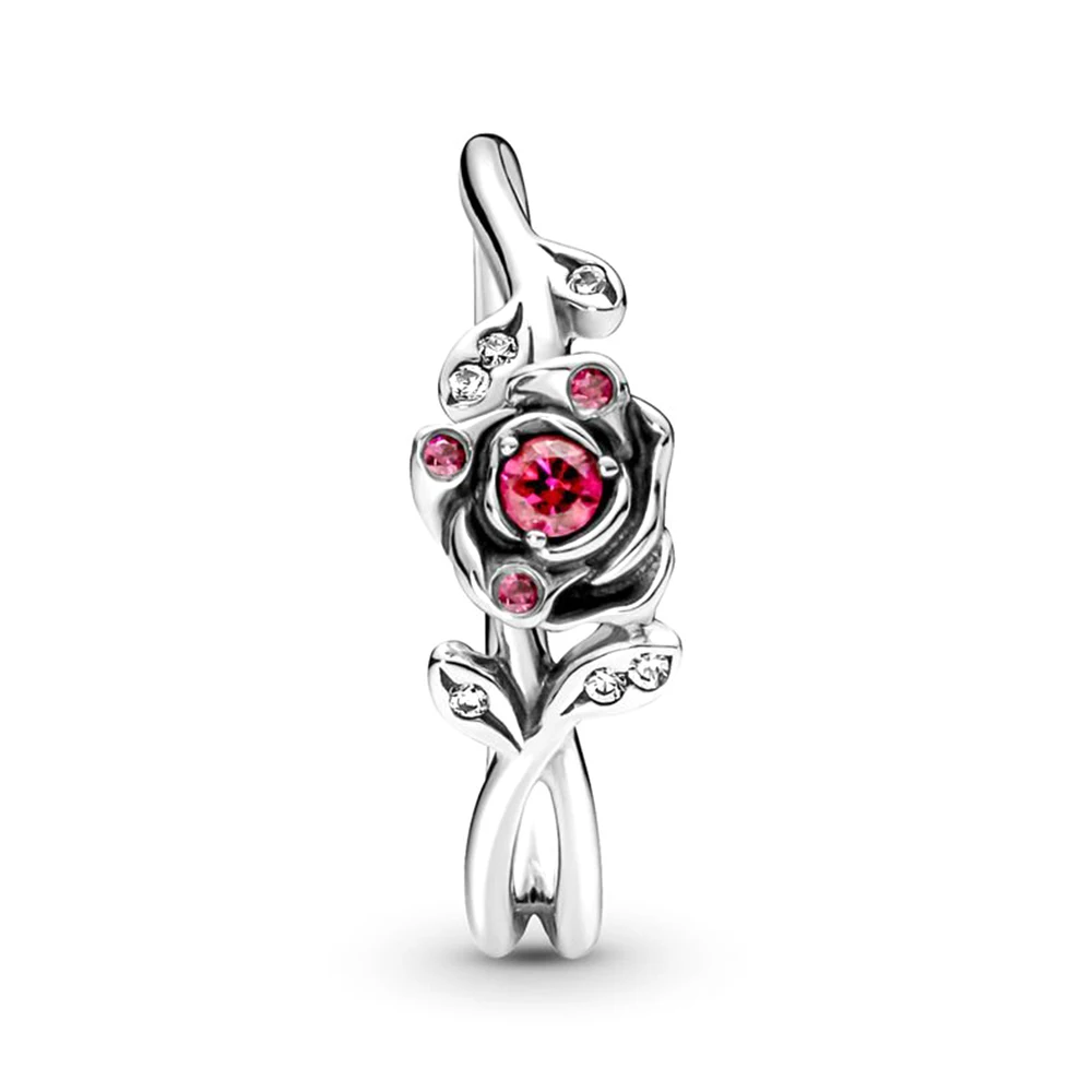 Bague fleur Pandora rouge grenade, bijoux romantiques doux, argent 925, thème beauté et la bête, vintage, pierre précieuse incrustée, rose