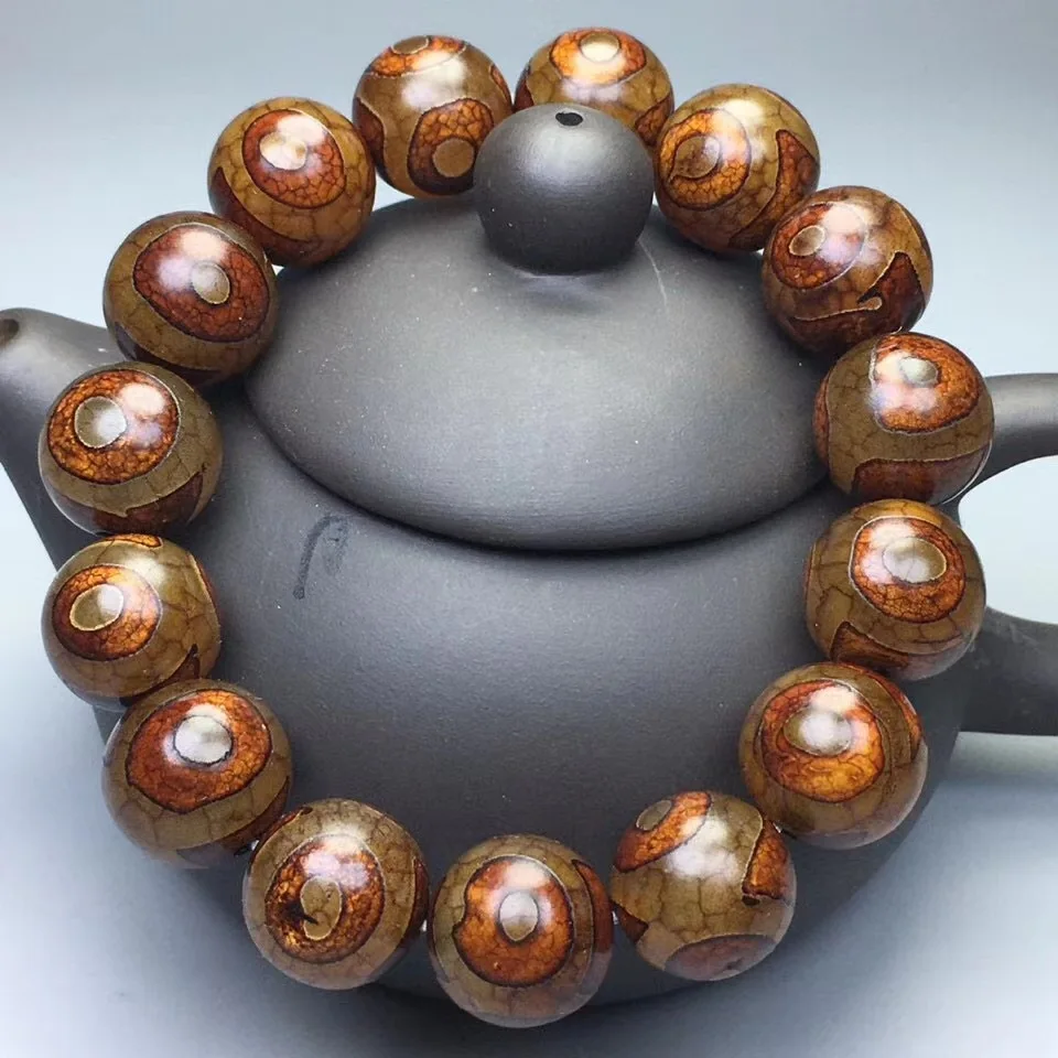 

Tibetan Buddhism Three Eyed Dzi Beads Agate Bracelet Men Women Natural Jades Stone Round Tibetan Bead Lucky Amulet Bracelets