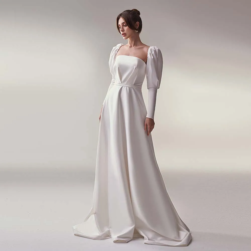 

Simple Wedding Dresses White Satin Strapless Lace Up 2022 New Bride Dress Puff Sleeve A-Line Sweep Train Bridal Gown For Women
