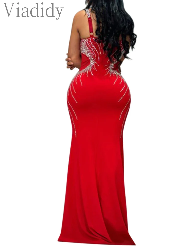 Women Spaghetti Strap Rhinestone Floor Length Mermaid Party Dress