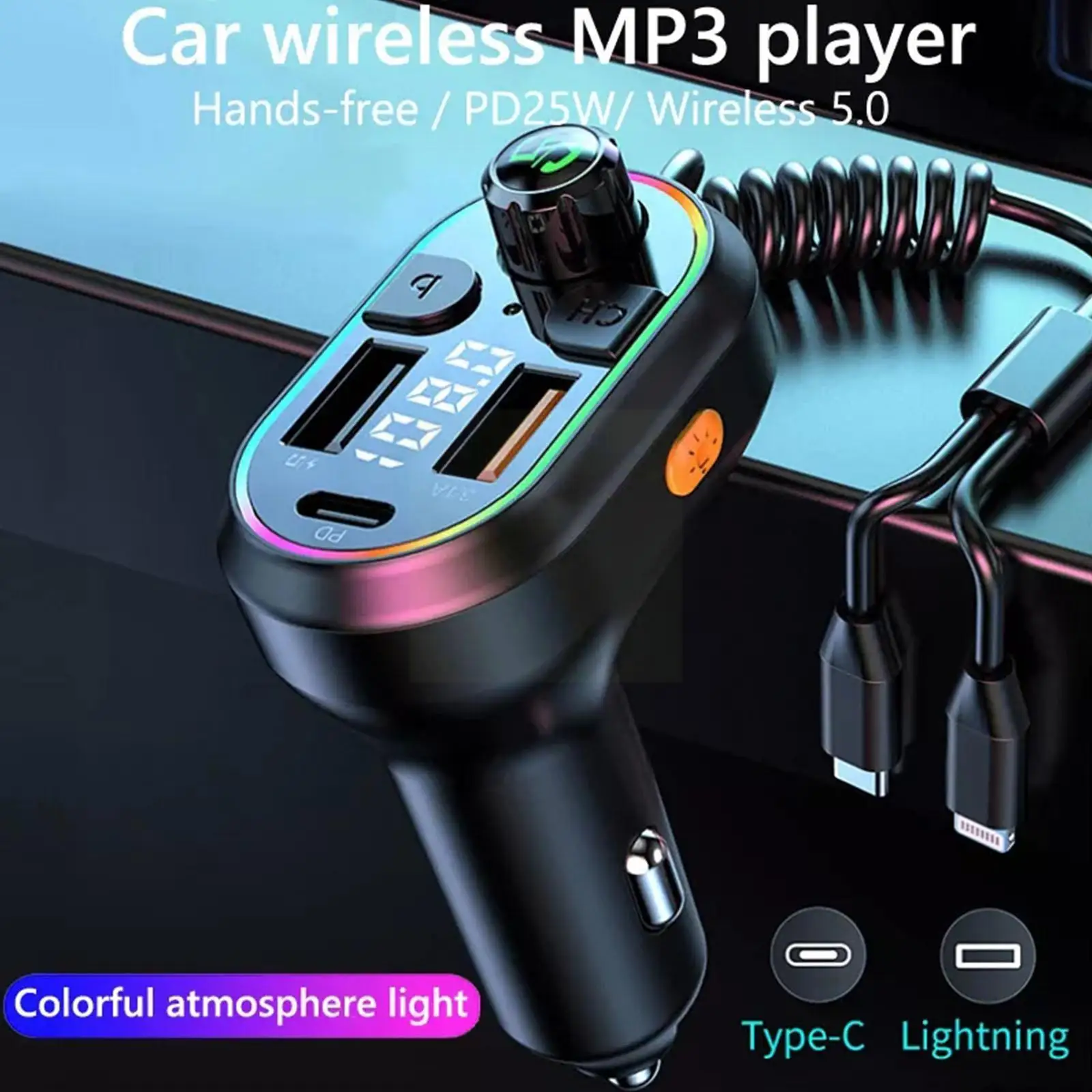 

Car Bluetooth 5.0 FM Transmitter Wireless Audio Receiver PD With 25W MP3 Apple Cable Type-C Port Car Player Fast Charging C Q1W8