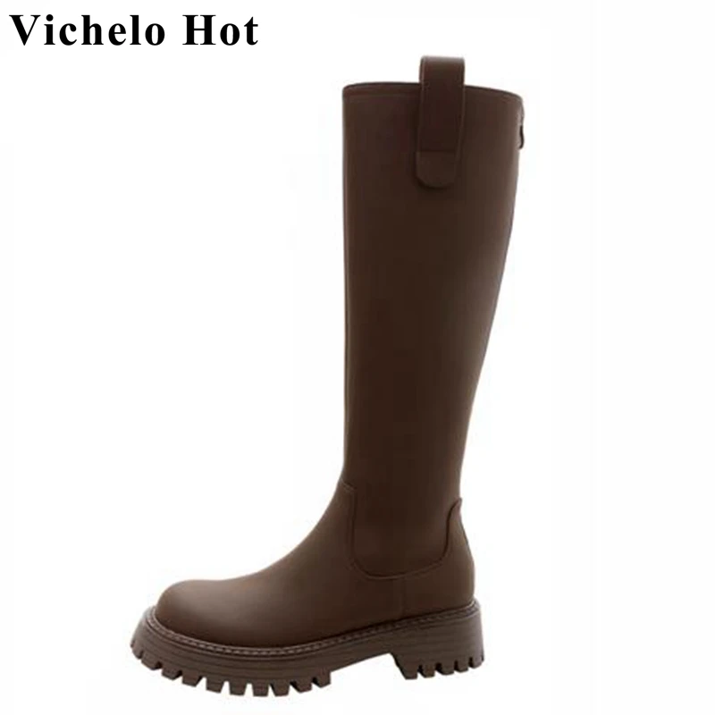 

Vichelo Hot Cow Split Leather Round Toe Med Heels Riding Long Boots Sewing Thread Waterproof Simple Style Zip Thigh High Boots