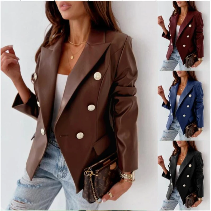 

Autumn and winter European and American new style long sleeve double breasted fashionable PU leather suit jacket