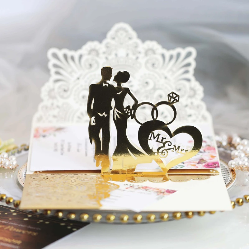 (50 pieces/lot) Pop Up Engagement Cards Bride And Groom With Wedding Ring Customized Anniversary Wedding Invitation Card IC062