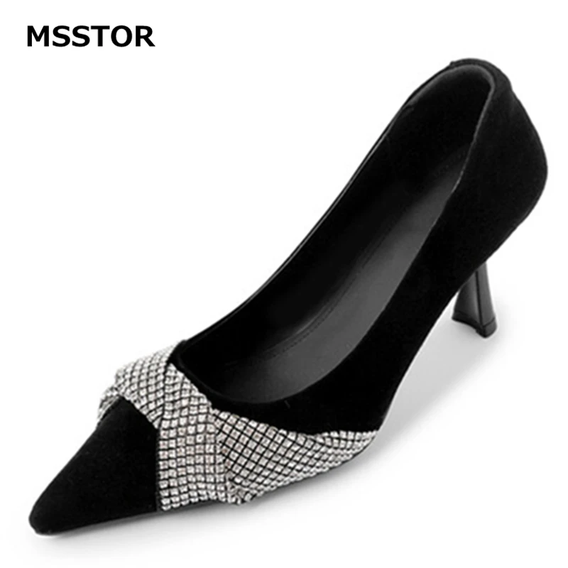 Туфли-лодочки женские с кристаллами замша заостренный носок модные повседневные