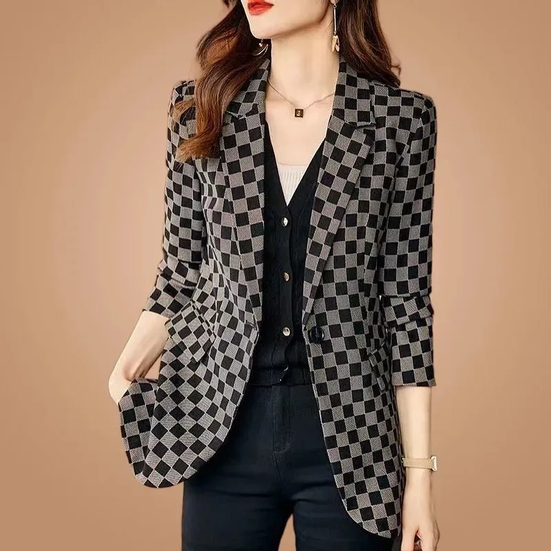 

Chic Casaco Feminino Women Plaid Suit Jacket Spring Autumn Blazer Vintage Outwear 2023 New Fashion Jackets Casual Loose Coat Top