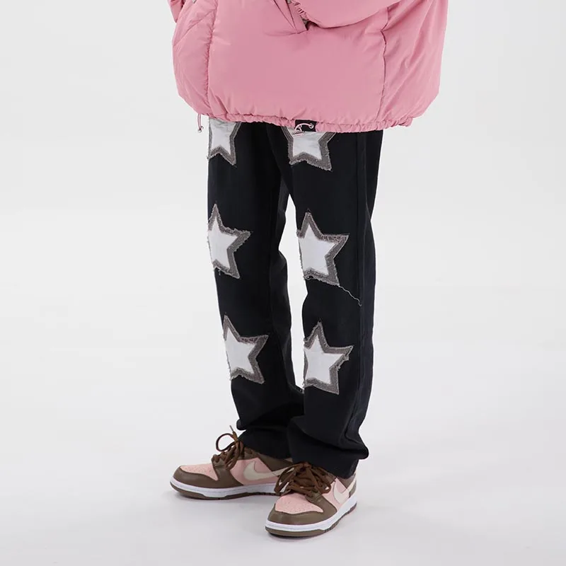 Men Women Streetwear Washed Retro Casual Denim Trousers Hip Hop Casual Baggy Pants 2022fw Embroidery Stars Frayed Jeans Pants