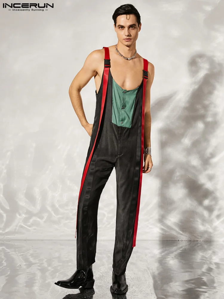 

Sexy Leisure Style Men's Bodysuit Fashion Stitching Color Jumpsuits INCERUN Male Solid Webbing Sleeveless Overalls Rompers S-5XL