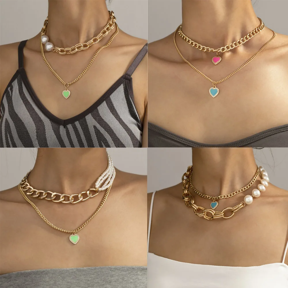 

2022 Personality Love Chain Double Layer Pearl Necklace Geometric Multicolor Peach Heart Alloy Multilayer Necklace Party Jewelry