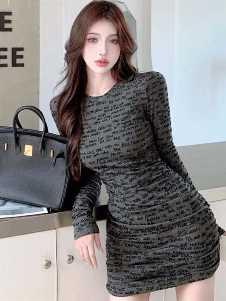 

Женское сексуальное платье-футболка, модное облегающее Плиссированное Платье с надписью, платье на бедрах, Осенний корейский пуловер с дли...