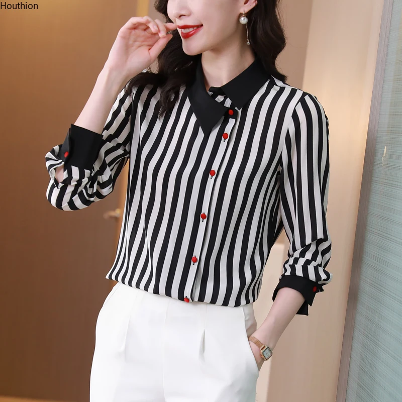 

Женская блузка, летний топ, повседневные рубашки, модные блузки в полоску, новые атласные топы, рубашка с длинным рукавом, 10002