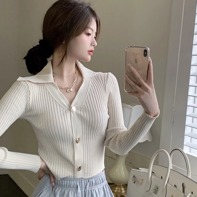 

Retro temperament lapel pit striped knitted top women's long-sleeved cardigan