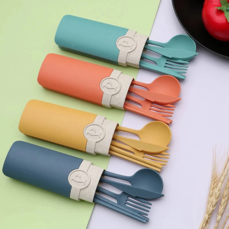 

Portable Reusable Spoon Fork Travel Picnic Chopsticks Wheat Straw Tableware Cutlery Set With Carrying Box For Student Office