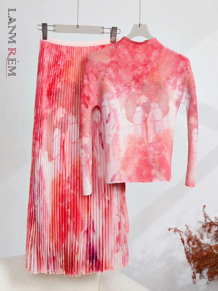 

LANMREM Elegant Pleated Round Long Sleeves Slim Printed Tops High Waist Fold Skirts 2 Pieces Set Clothing 2023 New 2YA3489
