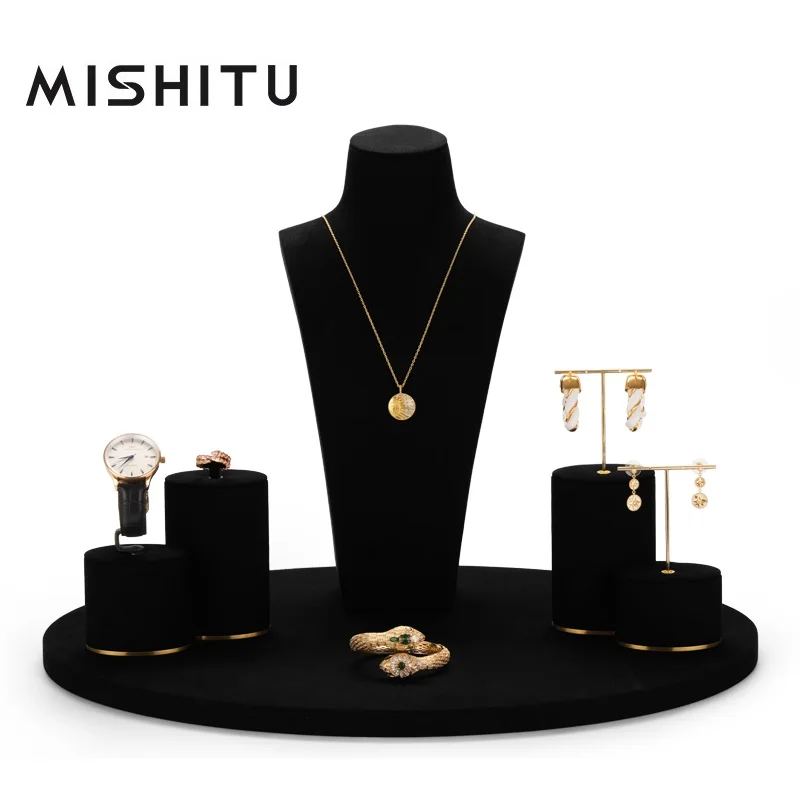 

MISHITU Black Metal Microfiber Jewelry Display Set for Necklace Earrings Ring Shop Window Exhibited Props