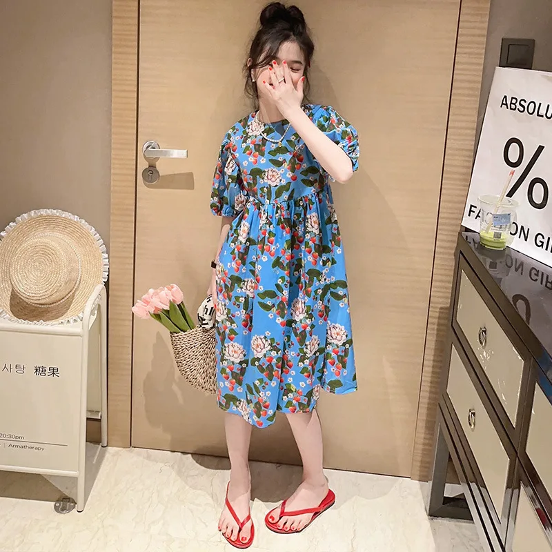 

Girls Summer Dress Puff Sleeve Printed Casual Princess Dresses for Kids Blue Cotton Knee-Length Teenage School Children Clothes