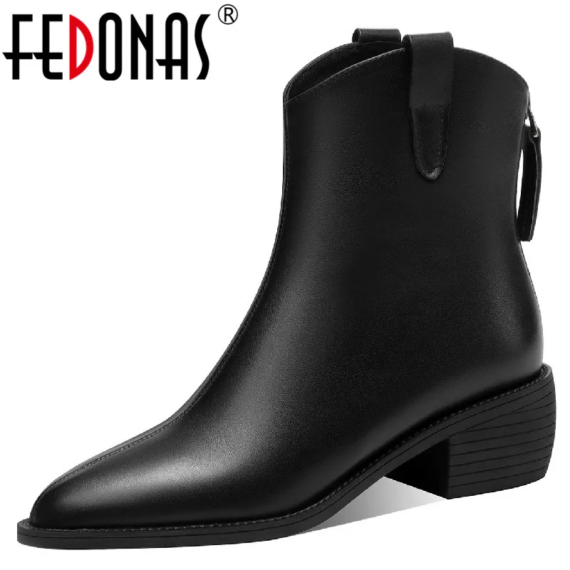 

FEDONAS Autumn Winter Women Ankle Boots Quality Genuine Leather Pointed Toe Thick Heels Shoes Woman Mature Office Ladies Dress