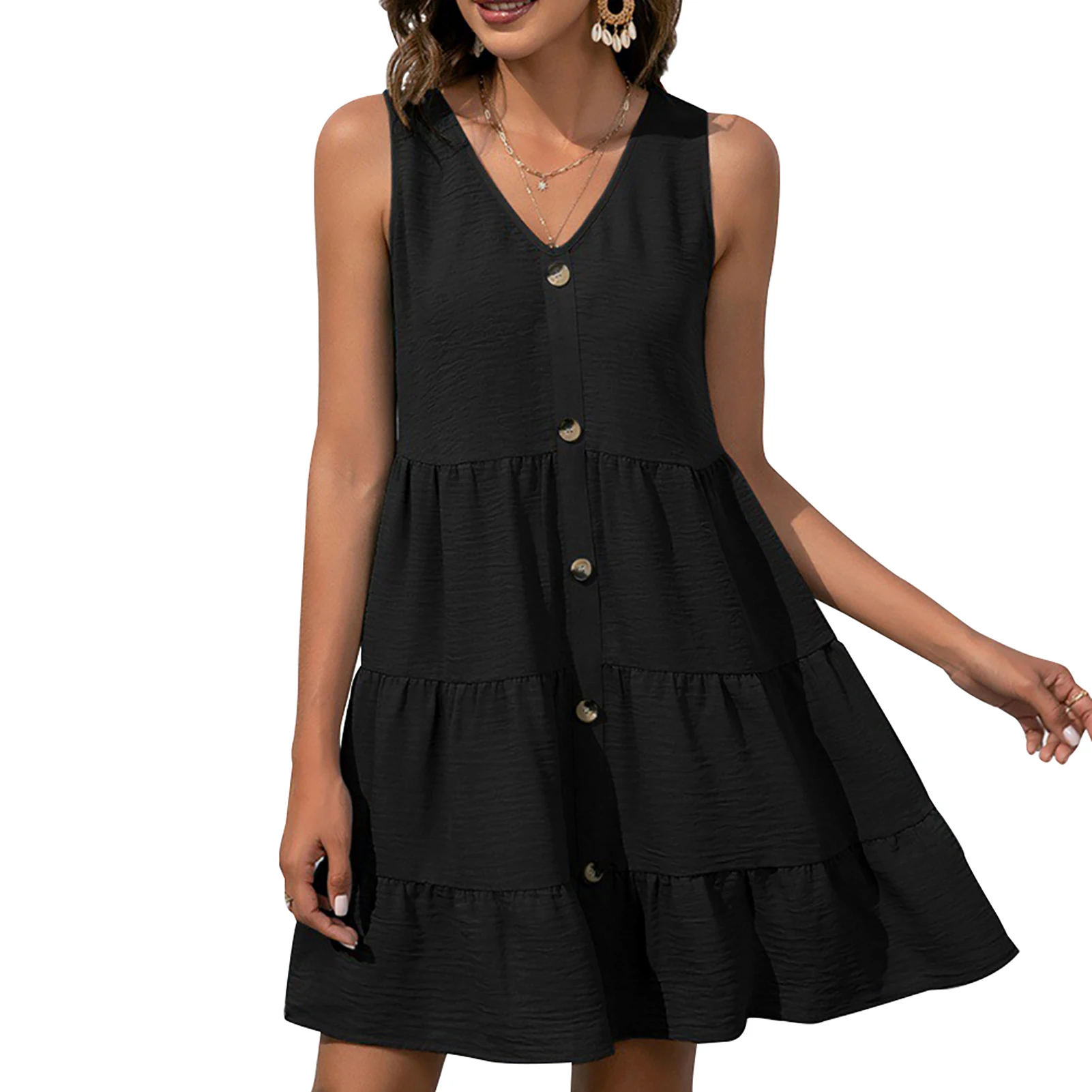 

Party Loose Sleeveless Dress Casual Holiday High Waist Daily Wear Fashion Summer Beach Elegant For Women V Neck Short Gift