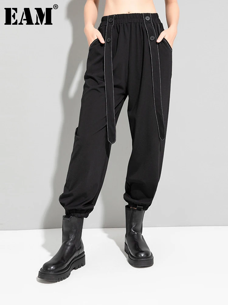 

[EAM] High Elastic Waist Black Topstitched Long Harem Trousers New Loose Fit Pants Women Fashion Tide Spring Autumn 2023 1DE6619