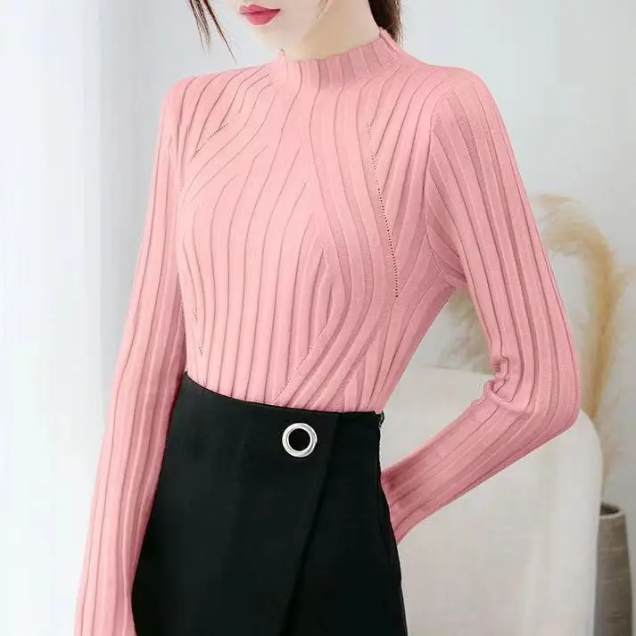 

Solid Color Semi High Collar Knitted Bottomed Shirt Long Sleeve Top Autumn And Winter Fashion New Thin Pit Sweater For Women