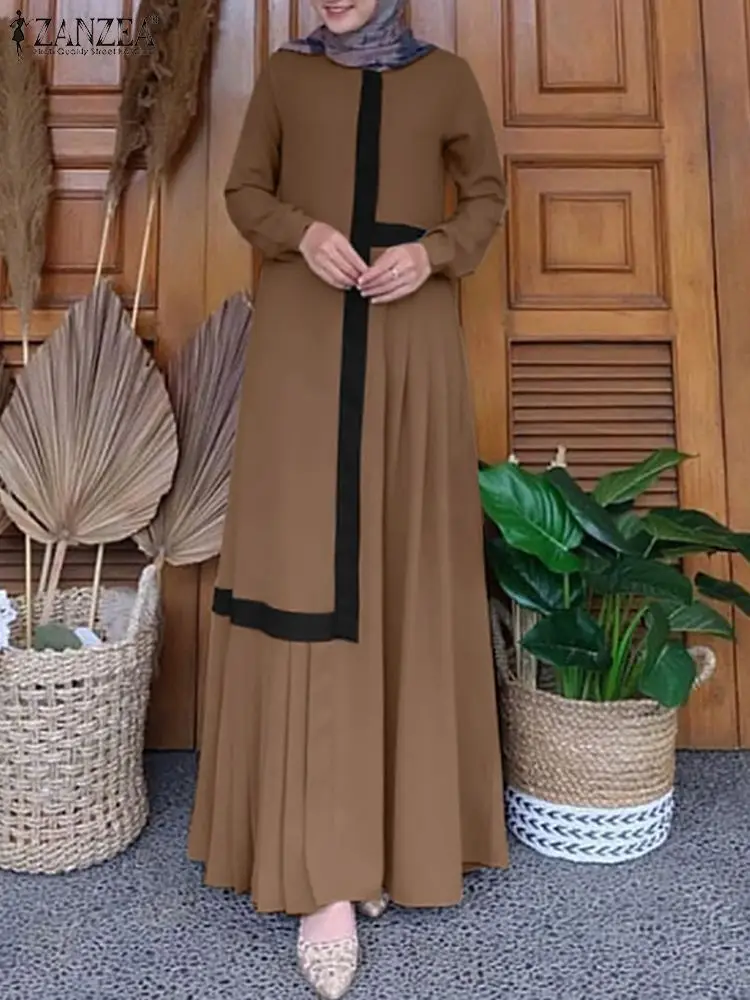 

ZANZEA Muslim Solid Women Dress Full Sleeved O-Neck Lace Abaya Robe Casual Elegant Holiday Turkish Clubbing Kleid Maxi Dresses