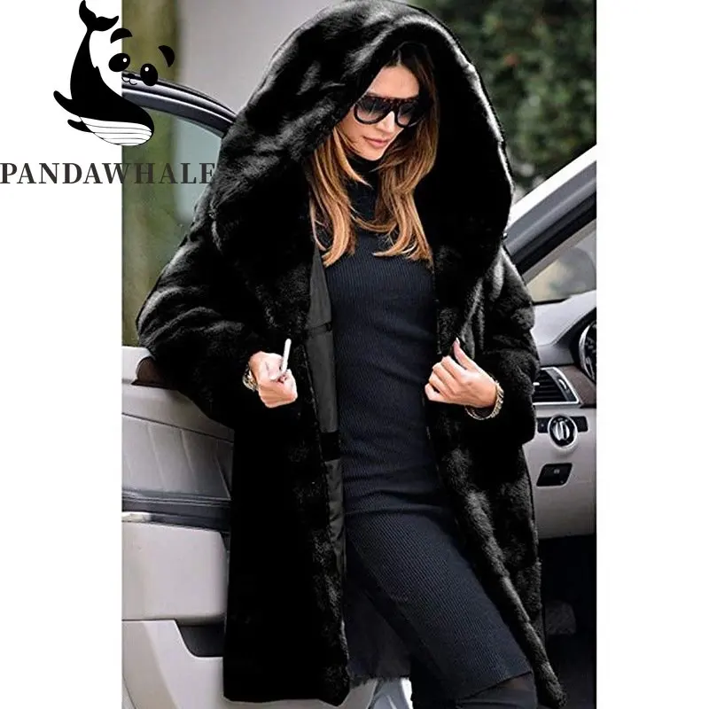 European American Long Faux Fur Coat Solid Loose Plush Hooded Autumn Winter Jacket Women 2022 Warm Streetwear Famale Clothing