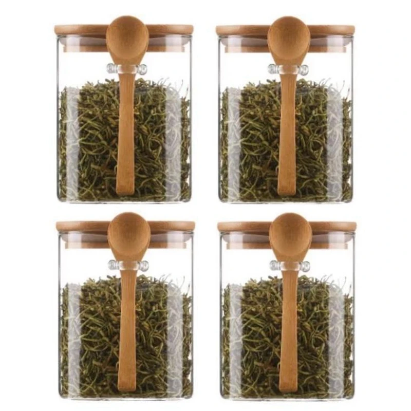4 шт. герметичные стеклянные банки с крышками и ложками прозрачные для специй