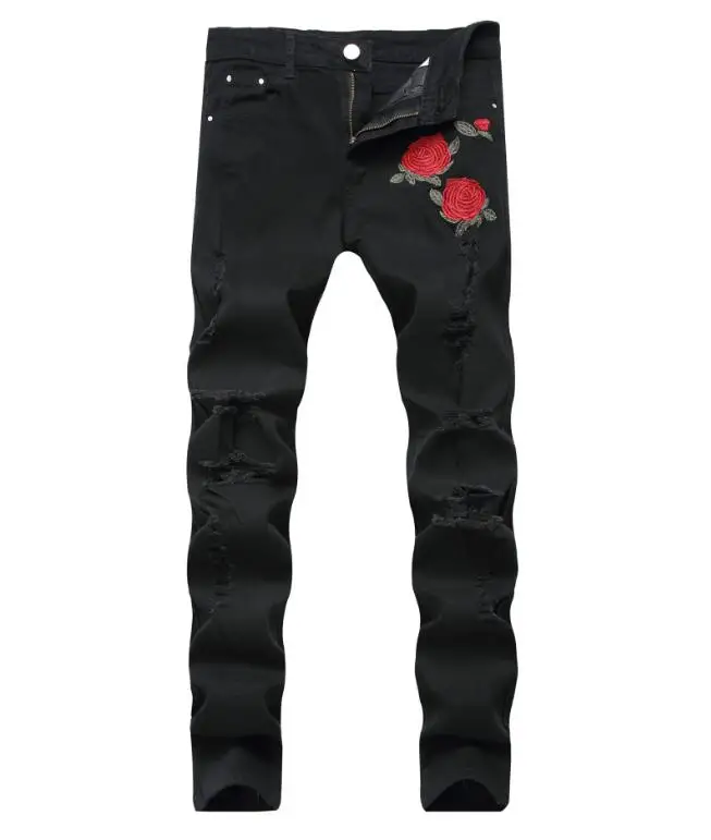 VXO Men's Jeans Slim Embroidered Hole Jeans Embroidered Flower Men's Denim Pants Men Clothing