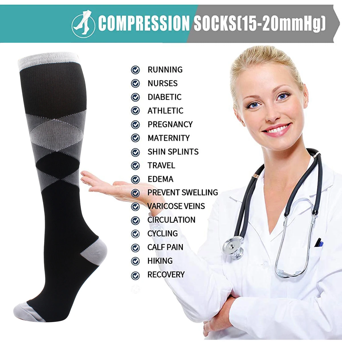 Women and Men Elastic Sports Climbing Cycling Beautiful Long Tube Compression Socks Stockings Running Nurse Black Color Socks