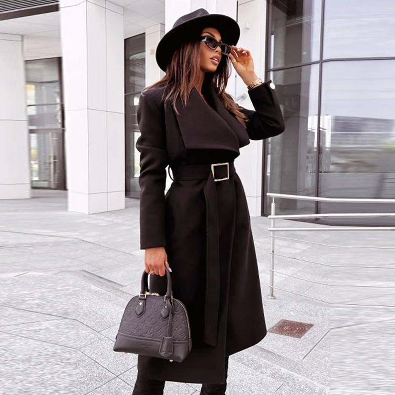 

Vintage Solid Belted Slim Long Coat Women Winter Fashion Turn Down Collar Woolen Cardigan Coat Elegant Ladies Outerwears Tops