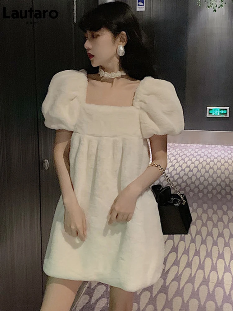 Lautaro весна осень мини милое стильное белое пушистое мягкое платье из