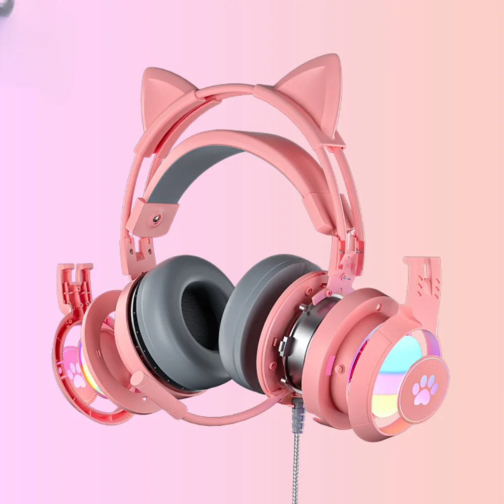 Cute Cartoon Cat Ear Game Headphone with Microphone Computer USB Wired Earphone with RGB Light for PC PS4/5 XBOX Laptop Computer