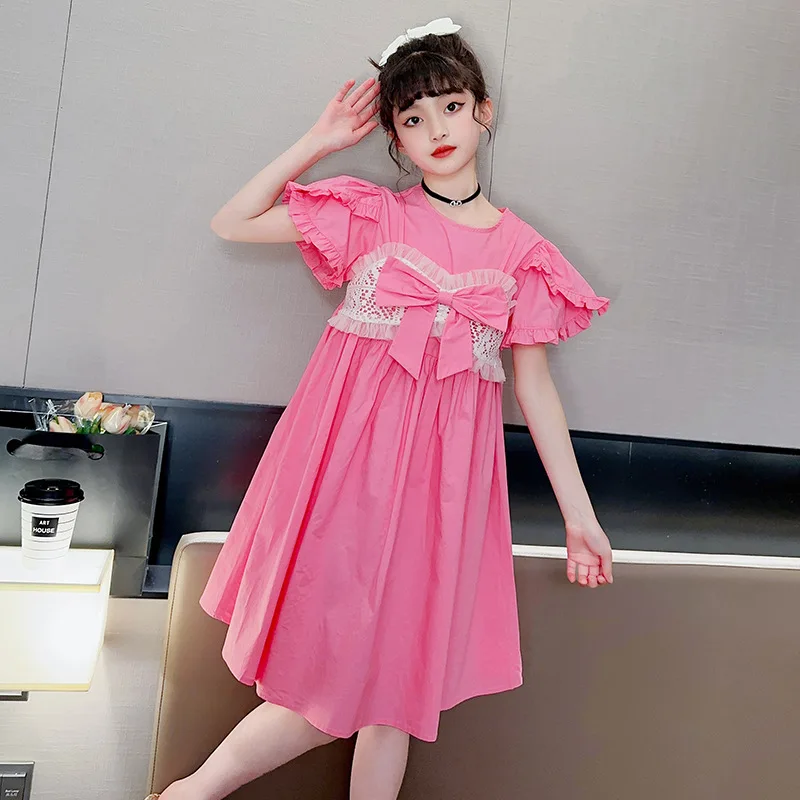 

Girls' Dress Summer Thin 2023 New Korean Fashionable Girls' Short Sleeve Bow Princess Dress