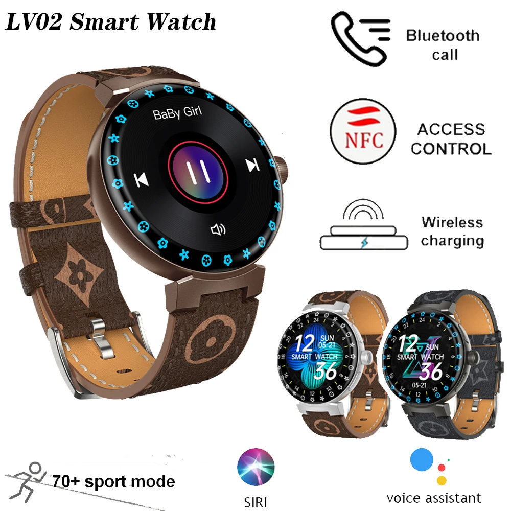 

LV02 NFC Smart Watch Fashion Leather Strap BT Call Heart Rate Blood Pressure Sleep Monitoring Waterproof Watch For Android iOS