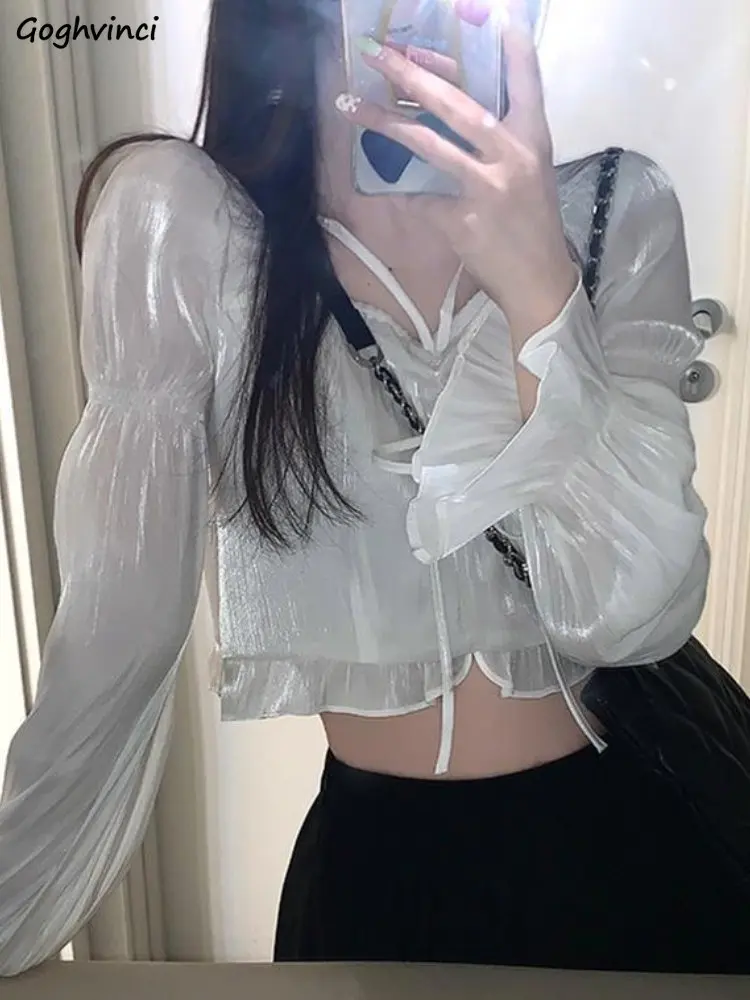 

Блузка женская с квадратным вырезом, модный элегантный укороченный Топ с длинным рукавом, в стиле Ins, милый и простой топ для колледжа, белый ...