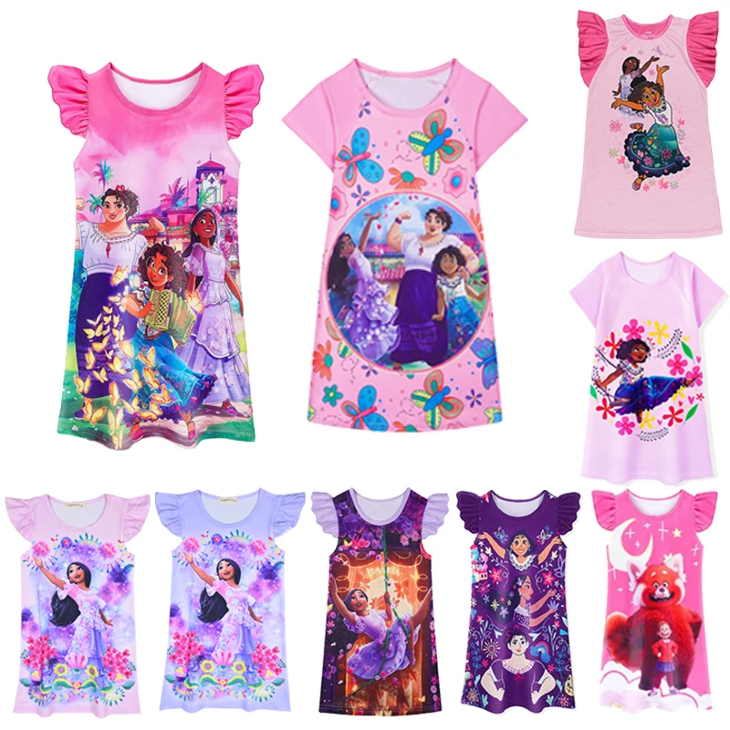 

ENCANTO Toddler Girls Gown Disney Little Princess Girl Dresses Short Ruffle Sleeve Girl Clothing Round Neck Night Costume Dress