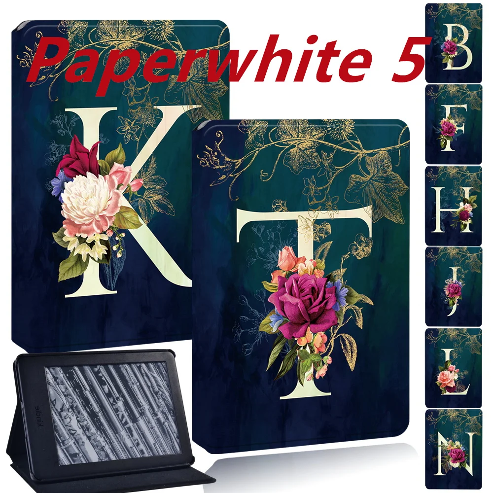 

KPW5 Stand Cover Cases Folio Tablet Case for Kindle Paperwhite 5 2021 Flower 26 Letters Pattern Funda Protective Shell