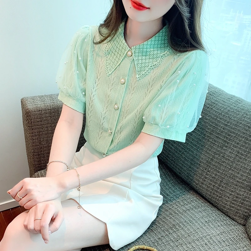 

Весенне-Летние Стильные кружевные блузки, женская блузка с бисером, женская повседневная короткая шифоновая блузка с отложным воротником, топы