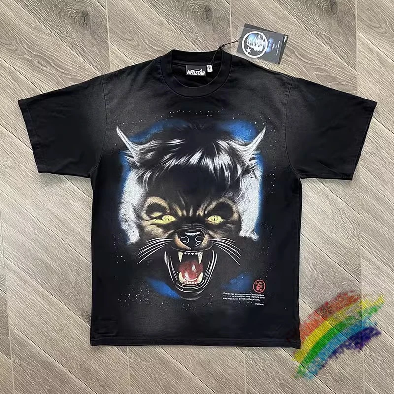 

Washed Hellstar Studios Wolf Head T-Shirt Men Women Black Casual Top Tees T Shirt