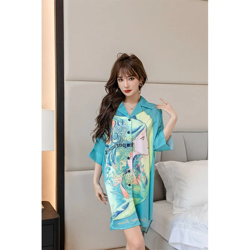 YFTNH Summer Silk Womens NightGown Fashion Bear Printing Loose Short Sleeve Nightshirts Pajamas Sleepwear  Sexy Nightdress