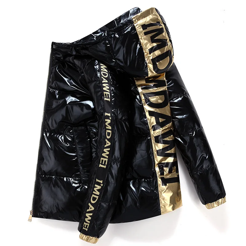 

Men's Winter Down Jacket Letter Printing Black Silver Shiny Men And Women Hooded Thick Warm White Duck Down Coat Couple Clothes