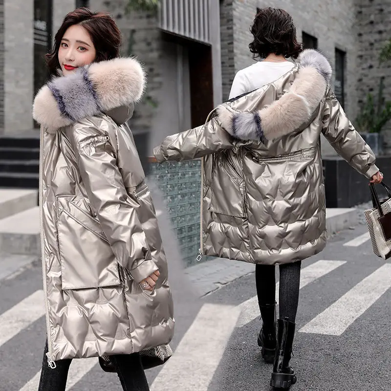 Down Jacket White Eiderdown Female 2022 New Winter Wash Bright Face Medium Long Korean Version of Loose Bread Dress Female Coat