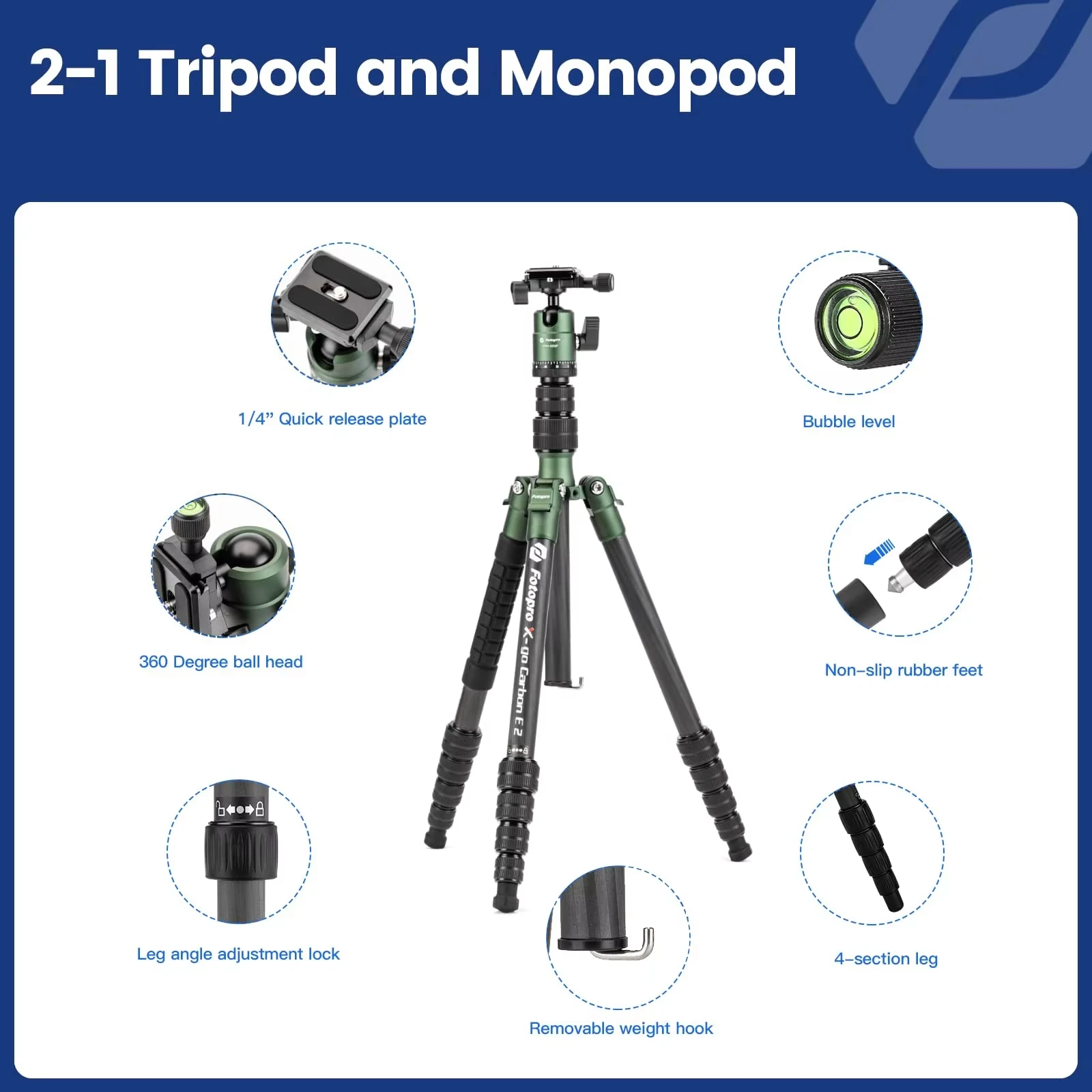 Легкий карбоновый штатив Fotopro X-GO E2 152 см, трансформируемый в монопод, с сумкой для переноски, для путешествий, съемки на природе, DSLR-камер (art.: 3920db2343bde) - 3920db2343bde