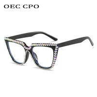 oec cpo oversized diamond glasses frame women fashion rhinestone shiny eyeglasses female clear eyewear