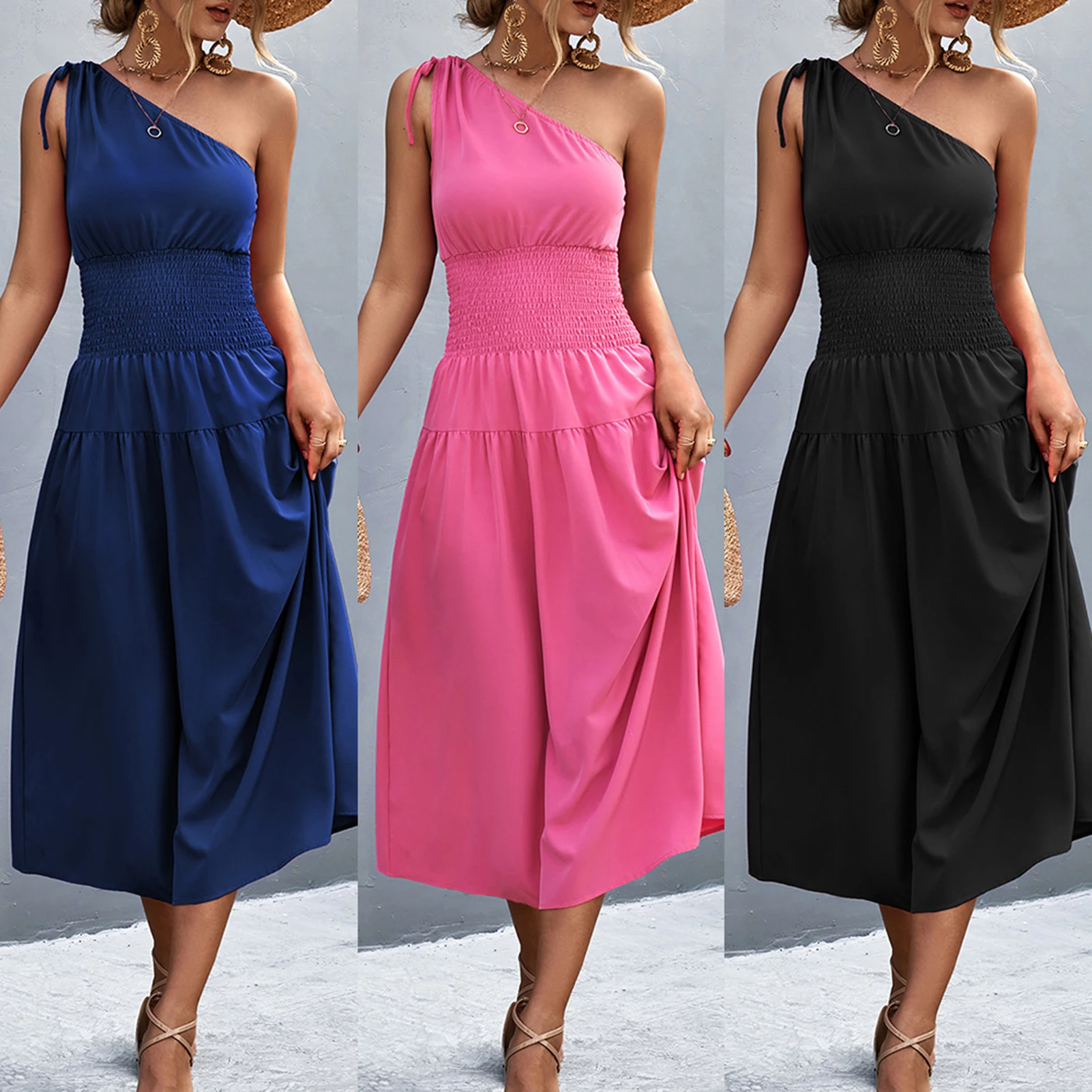 

Pleated Dress Women Mid Waist Dress Boho Style Ladies One Shoulder Dress Solid Color Loose Fit Asymmetrical Vacation Outfit