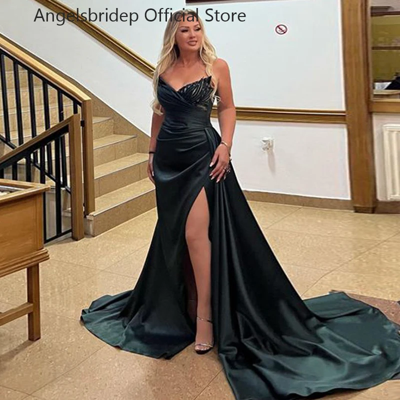 

Angelsbridep Black Leg Slit Prom Dresses V-neck Mermaid Wedding Prom Dresses Formal Lace Appliques Evening Gowns Robes De Soirée