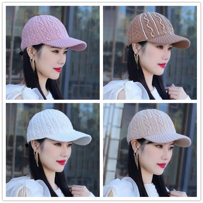 

Autumn and Winter Knitted Baseball Cap Fashion Rhinestone Hat Women's Warm Cap Winter Elegant Temperament Wide Brimmed Hat