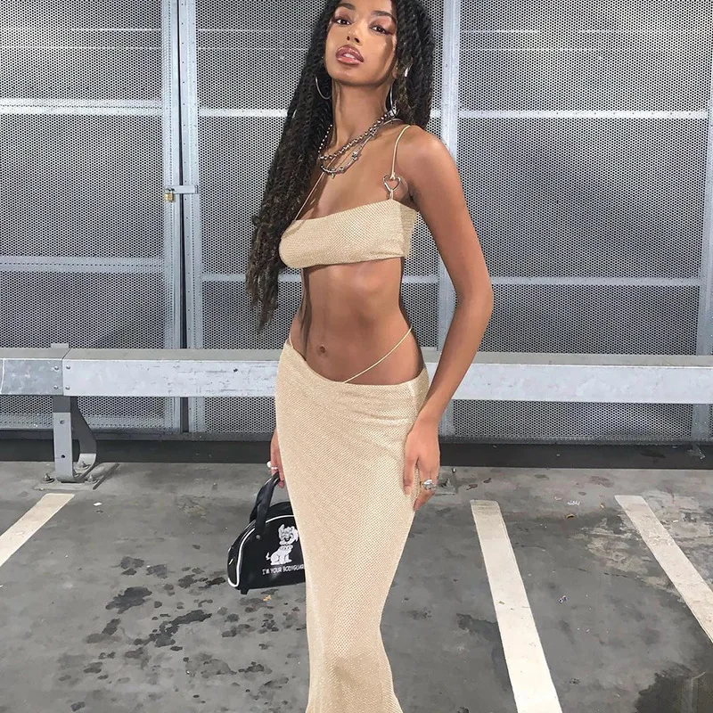 

Solid Women's Tracksuits Crop Top+Maxi Skirts 2 Pieces Set Sexy Matching Sets Suits 2022 Summer Streetwear Party Clothes Fashion
