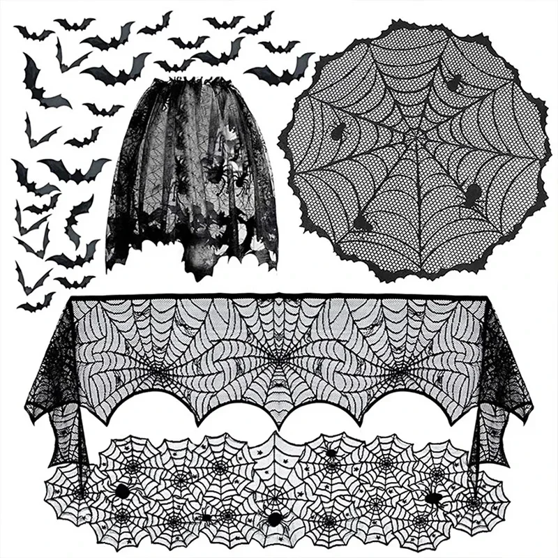 Скатерть на тему Хэллоуина Черный Паук кружевная настольная дорожка занавеска